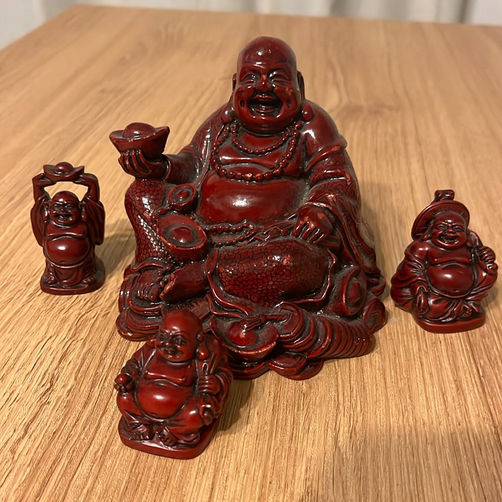 Set of 4 Happy Buddha Statue/Figurine Dark Red Sculpture Lifting Bowl